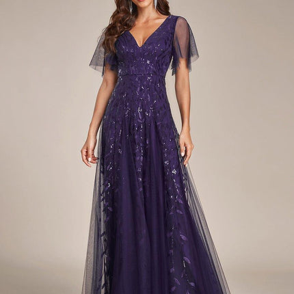 Zia | Fitted V-Neck Ruffle Sleeve Evening Dress