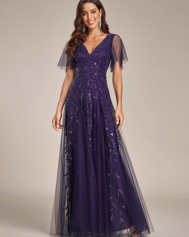 Zia | Fitted V-Neck Ruffle Sleeve Evening Dress