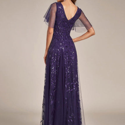 Zia | Fitted V-Neck Ruffle Sleeve Evening Dress