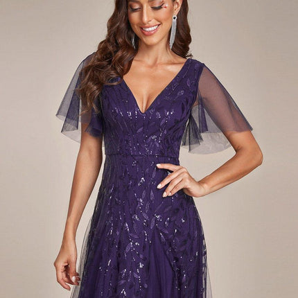 Zia | Fitted V-Neck Ruffle Sleeve Evening Dress