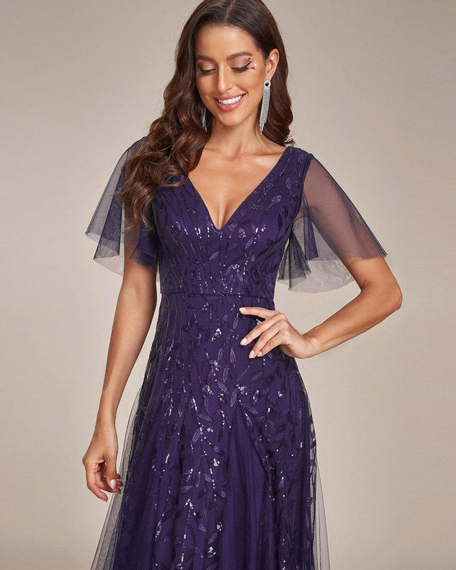 Zia | Fitted V-Neck Ruffle Sleeve Evening Dress