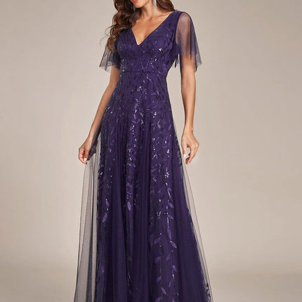 Zia | Fitted V-Neck Ruffle Sleeve Evening Dress