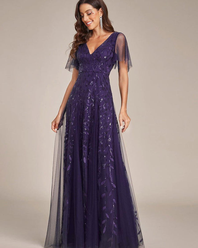 Zia | Fitted V-Neck Ruffle Sleeve Evening Dress