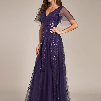 Zia | Fitted V-Neck Ruffle Sleeve Evening Dress