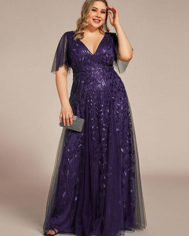 Zia | Fitted V-Neck Ruffle Sleeve Evening Dress