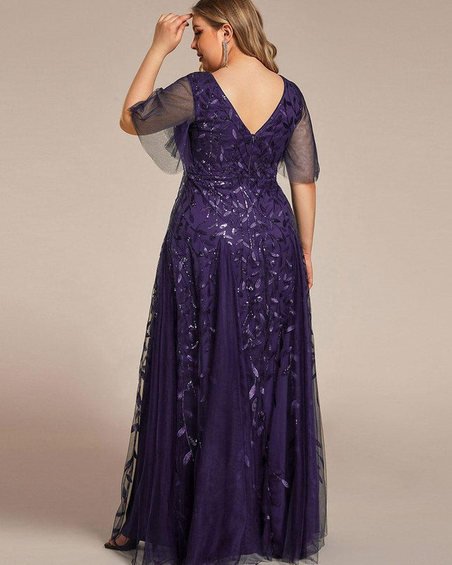 Zia | Fitted V-Neck Ruffle Sleeve Evening Dress