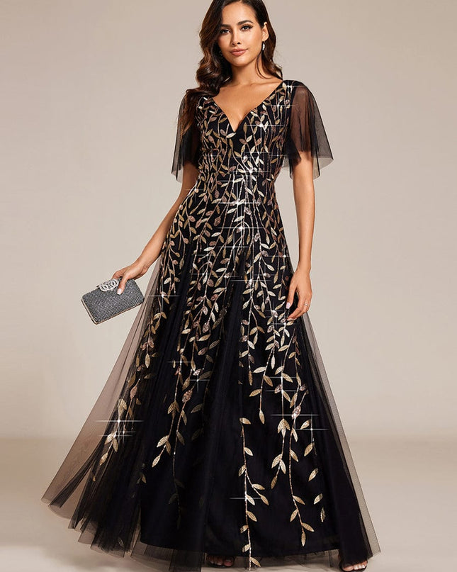 Zia | Fitted V-Neck Ruffle Sleeve Evening Dress