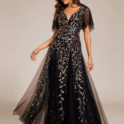 Zia | Fitted V-Neck Ruffle Sleeve Evening Dress