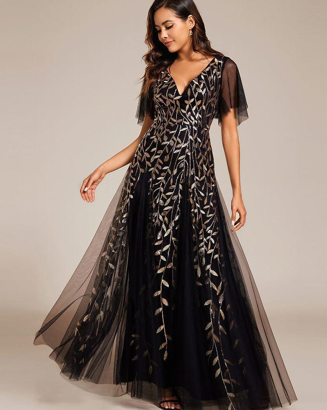 Zia | Fitted V-Neck Ruffle Sleeve Evening Dress