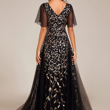 Zia | Fitted V-Neck Ruffle Sleeve Evening Dress