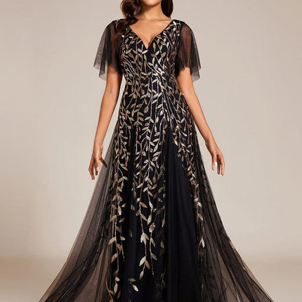 Zia | Fitted V-Neck Ruffle Sleeve Evening Dress