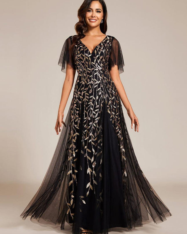 Zia | Fitted V-Neck Ruffle Sleeve Evening Dress