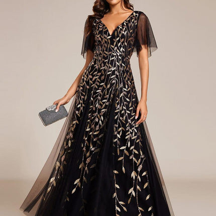 Zia | Fitted V-Neck Ruffle Sleeve Evening Dress