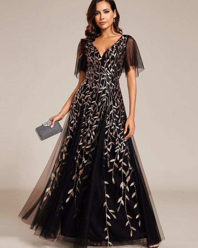 Zia | Fitted V-Neck Ruffle Sleeve Evening Dress