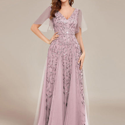 Zia | Fitted V-Neck Ruffle Sleeve Evening Dress