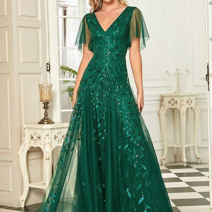 Zia | Fitted V-Neck Ruffle Sleeve Evening Dress