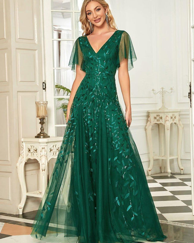 Zia | Fitted V-Neck Ruffle Sleeve Evening Dress