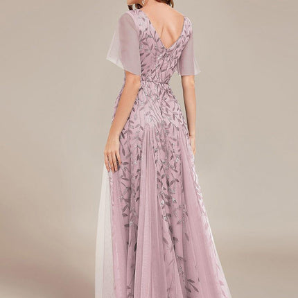 Zia | Fitted V-Neck Ruffle Sleeve Evening Dress