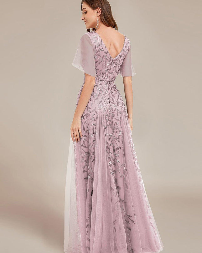 Zia | Fitted V-Neck Ruffle Sleeve Evening Dress