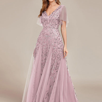 Zia | Fitted V-Neck Ruffle Sleeve Evening Dress