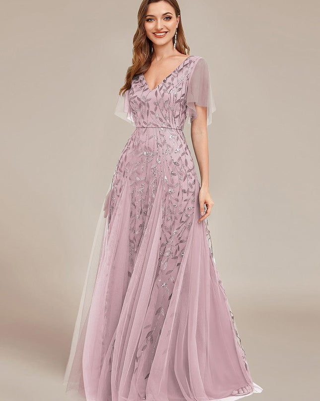 Zia | Fitted V-Neck Ruffle Sleeve Evening Dress