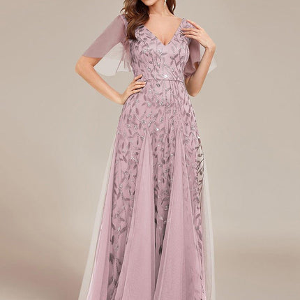 Zia | Fitted V-Neck Ruffle Sleeve Evening Dress