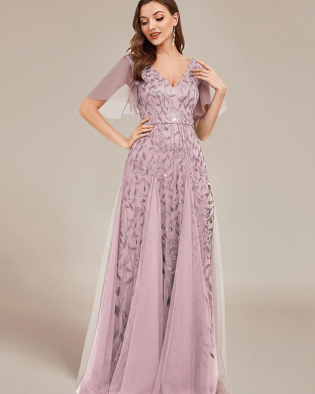 Zia | Fitted V-Neck Ruffle Sleeve Evening Dress