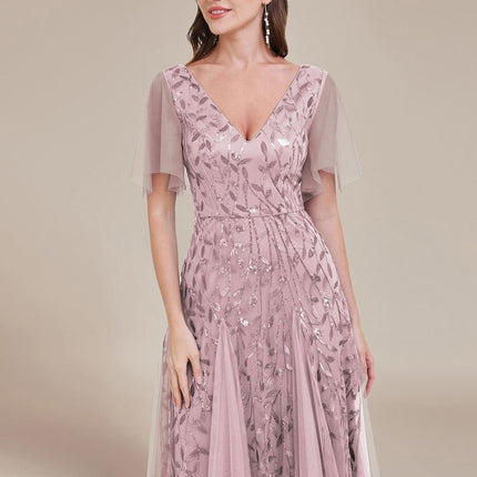 Zia | Fitted V-Neck Ruffle Sleeve Evening Dress
