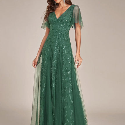 Zia | Fitted V-Neck Ruffle Sleeve Evening Dress