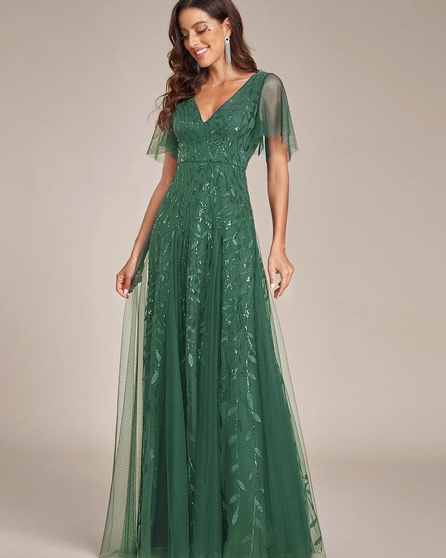 Zia | Fitted V-Neck Ruffle Sleeve Evening Dress