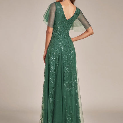 Zia | Fitted V-Neck Ruffle Sleeve Evening Dress