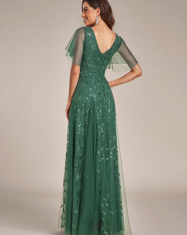 Zia | Fitted V-Neck Ruffle Sleeve Evening Dress