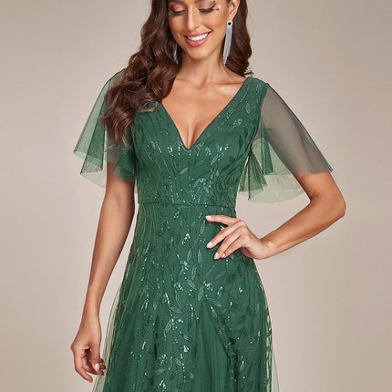 Zia | Fitted V-Neck Ruffle Sleeve Evening Dress