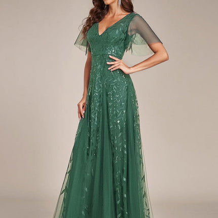 Zia | Fitted V-Neck Ruffle Sleeve Evening Dress