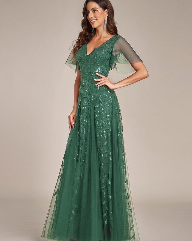 Zia | Fitted V-Neck Ruffle Sleeve Evening Dress