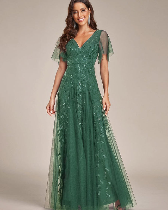 Zia | Fitted V-Neck Ruffle Sleeve Evening Dress