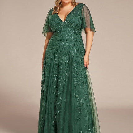 Zia | Fitted V-Neck Ruffle Sleeve Evening Dress