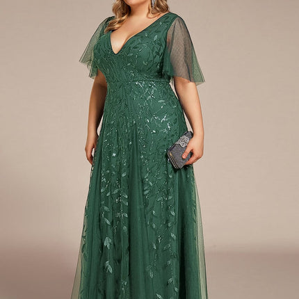 Zia | Fitted V-Neck Ruffle Sleeve Evening Dress