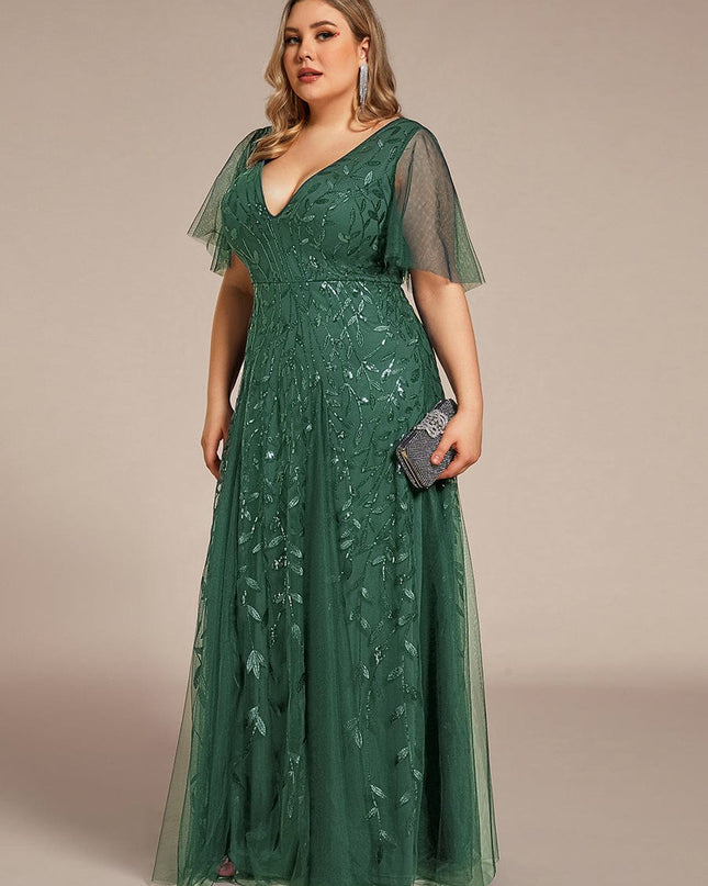 Zia | Fitted V-Neck Ruffle Sleeve Evening Dress