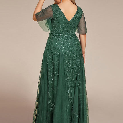 Zia | Fitted V-Neck Ruffle Sleeve Evening Dress