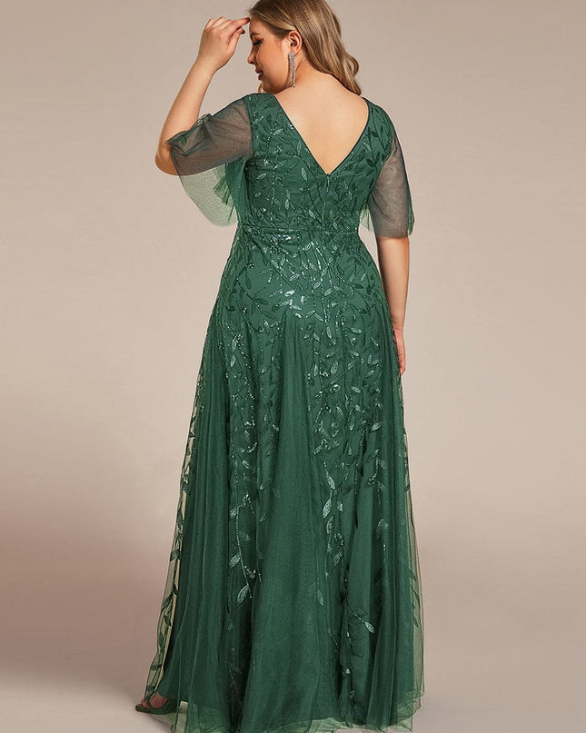 Zia | Fitted V-Neck Ruffle Sleeve Evening Dress