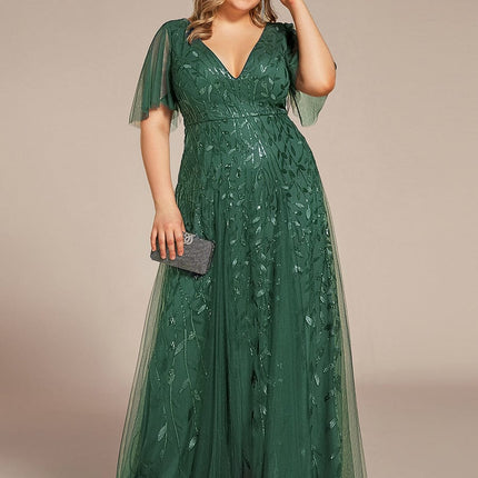 Zia | Fitted V-Neck Ruffle Sleeve Evening Dress