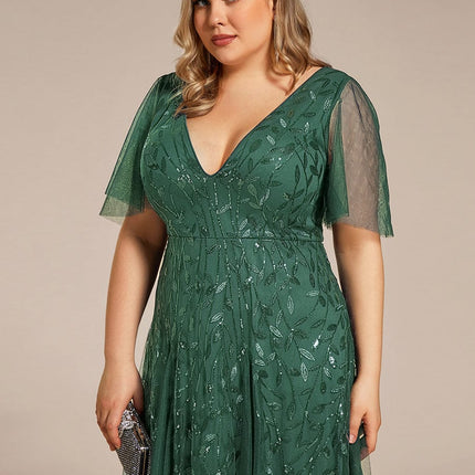 Zia | Fitted V-Neck Ruffle Sleeve Evening Dress