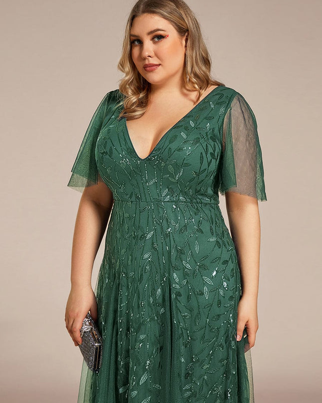 Zia | Fitted V-Neck Ruffle Sleeve Evening Dress