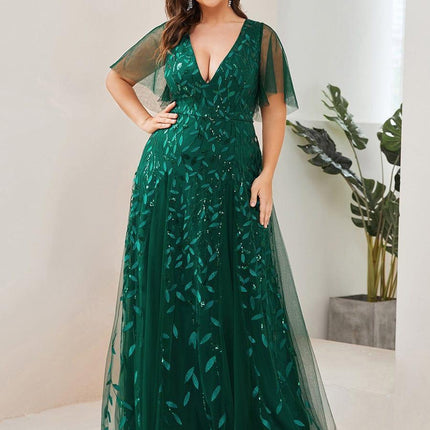 Zia | Fitted V-Neck Ruffle Sleeve Evening Dress
