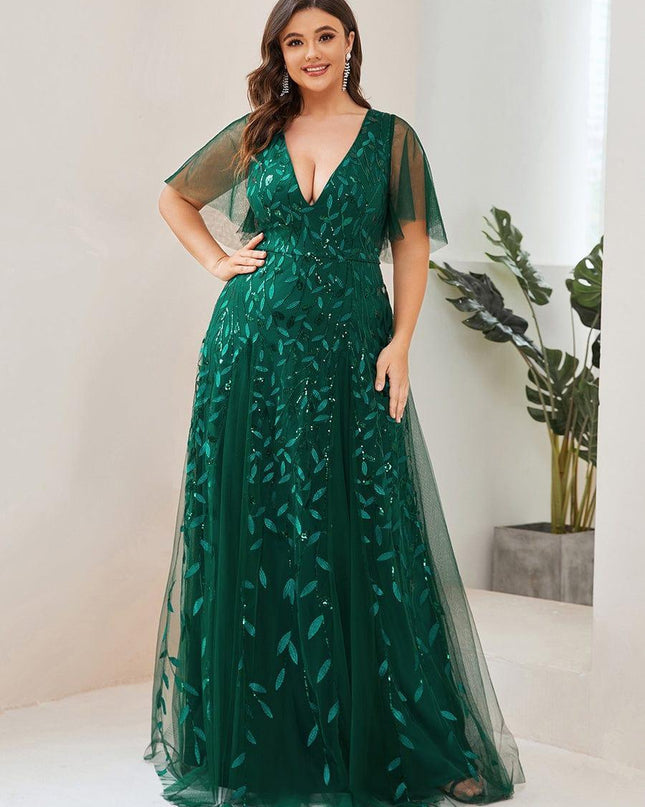 Zia | Fitted V-Neck Ruffle Sleeve Evening Dress