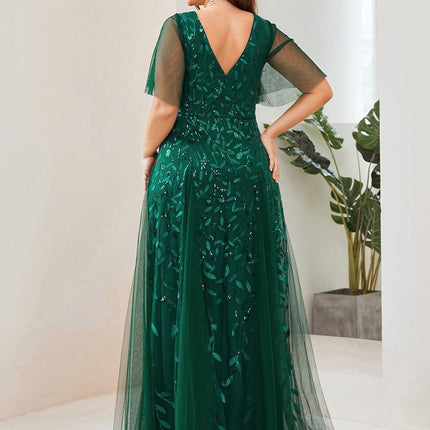 Zia | Fitted V-Neck Ruffle Sleeve Evening Dress