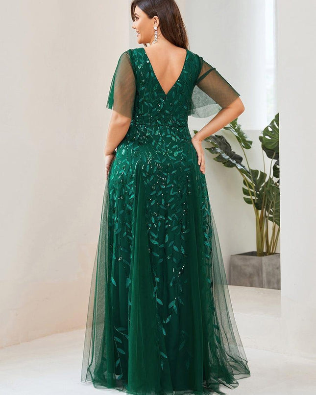 Zia | Fitted V-Neck Ruffle Sleeve Evening Dress