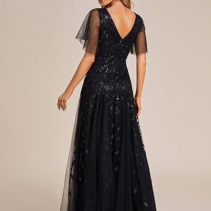 Zia | Fitted V-Neck Ruffle Sleeve Evening Dress