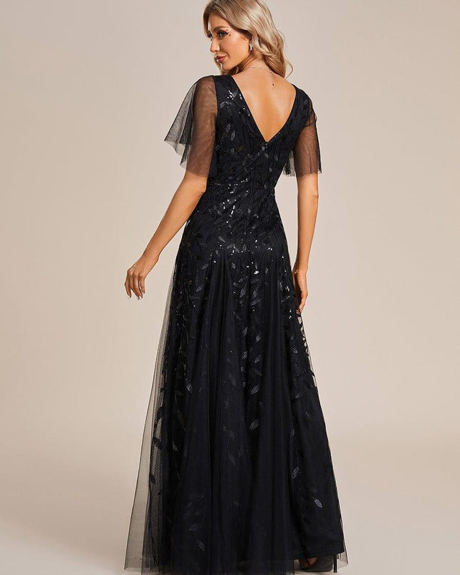 Zia | Fitted V-Neck Ruffle Sleeve Evening Dress